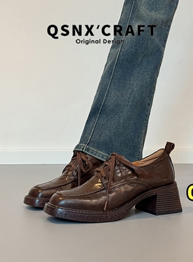 真皮版~高跟方头乐福鞋女2025新款棕色粗跟英伦风小皮鞋百搭单鞋