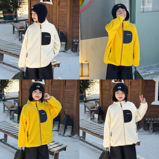 2025男童冬季新款日系字母刺绣拼色双面摇粒绒轻薄儿童外套潮