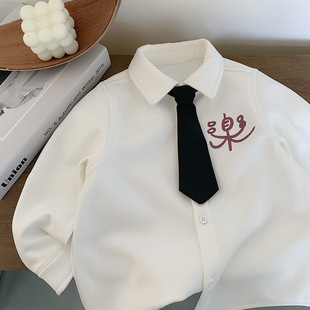 童装领带过年新衣绅士气质年服表演服儿童白色加绒衬衫翻领主持