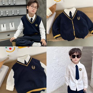 童装男童学院风套装白色领带衬衫针织马甲开衫西裤生日礼服