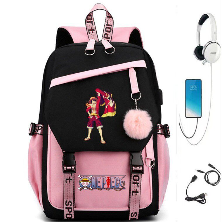 海贼王卡通印花双肩背包USB百搭护脊减负学生书包帆布包