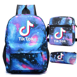 跨境热销Tik 抖音双肩背包高中男女学生书包单肩包笔袋三件套 Tok