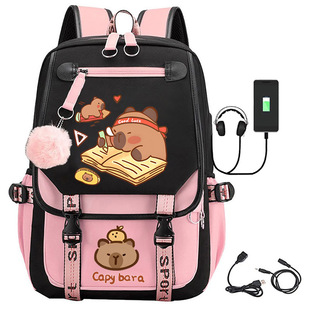 Temu新款卡皮巴拉capybara水豚印花书包中小学生轻便双肩包背包