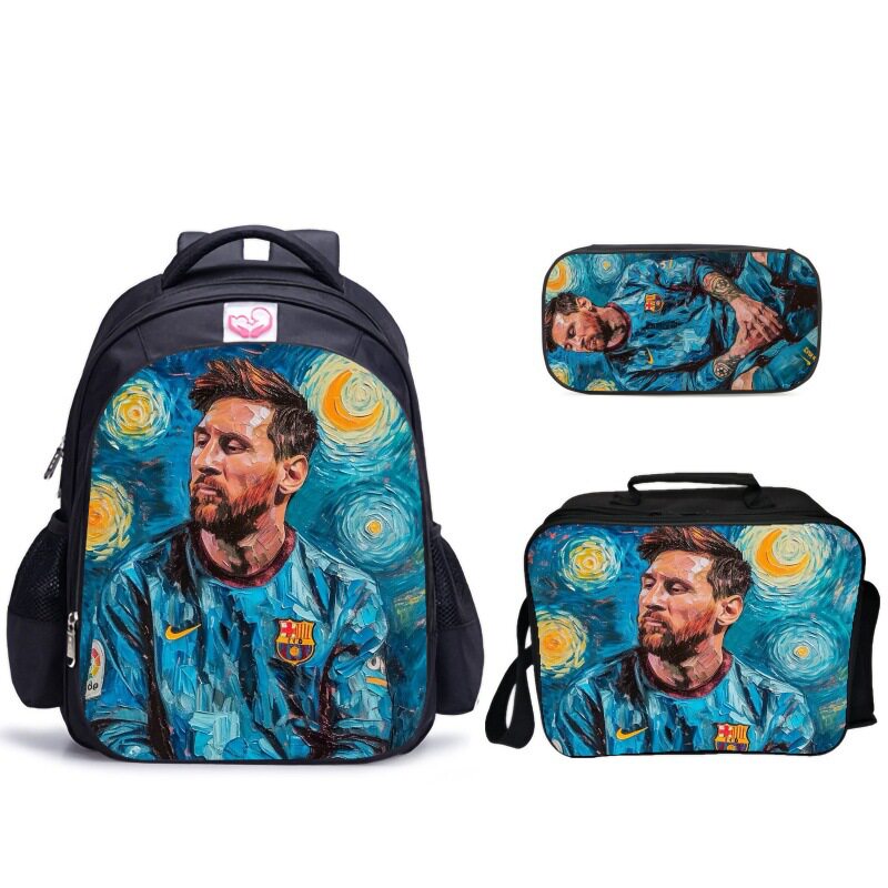 动漫卡通儿童牛津纺三件套梅西 Leo Messi书包+餐包+笔袋可定图案