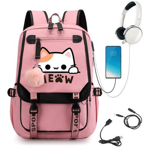 可爱猫猫 卡通印花中学生校园书包户外旅行双肩背包跨境代发0625