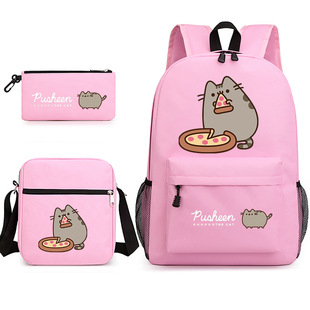 pusheen胖吉猫图案印花双肩背包单肩笔袋三件套学生书包