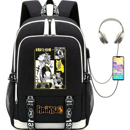 跨境书包动漫排球少年周边多功能USB耳机大容量男士商务双肩包