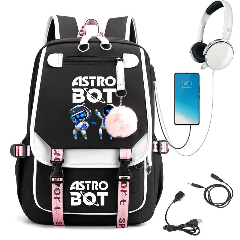 太空机器人 Astro Bot 卡通印花学生黑色校园书包USB接口背包0307