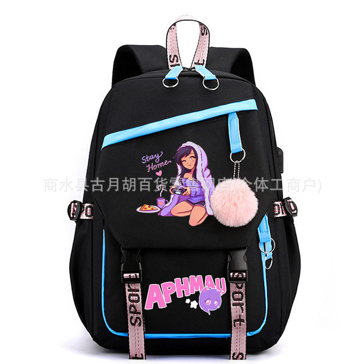 aphmau印花双肩背包USB拼色简约帆布包护脊减负学生书包可爱卡通