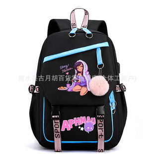 aphmau印花双肩背包USB拼色简约帆布包护脊减负学生书包可爱卡通
