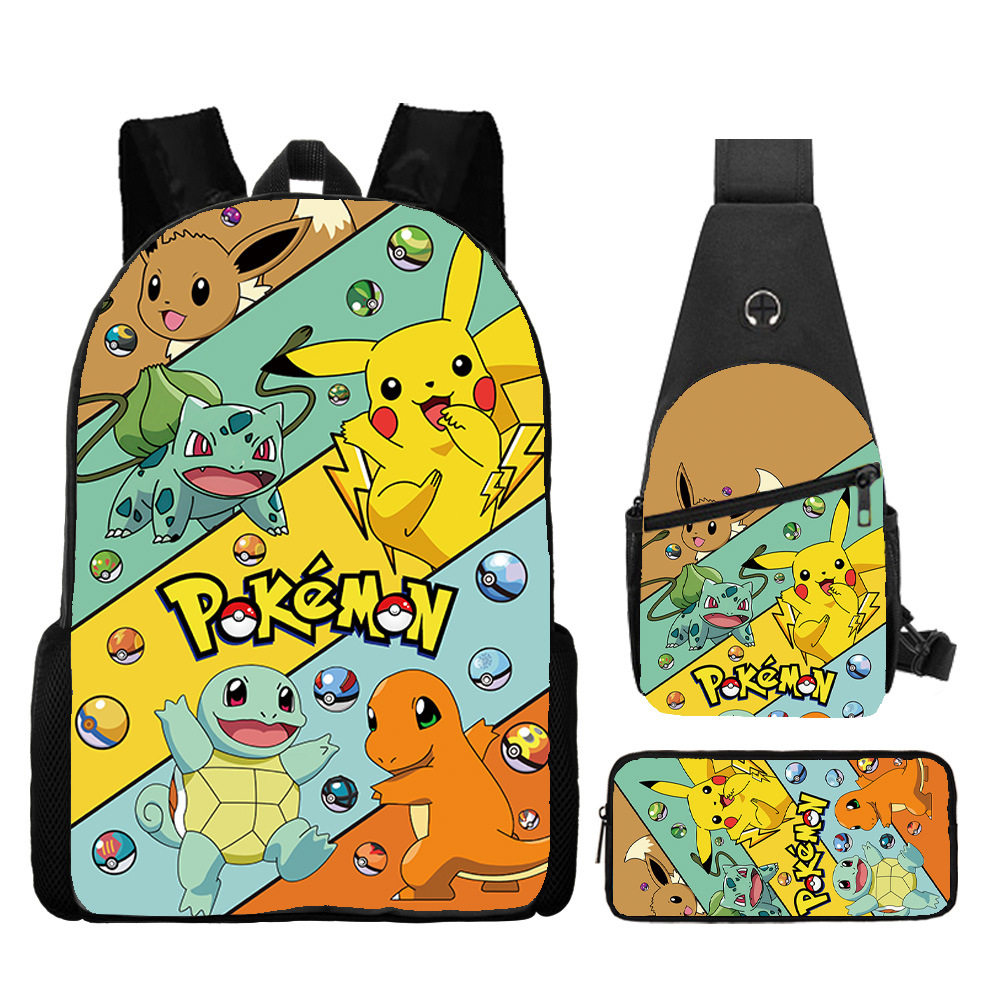皮卡丘儿童书包小学生背包三件套卡通可爱大容量斜挎包动漫铅笔盒