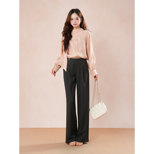 粉脂凝香一字飘带领温婉气质长袖衬衫垂感阔腿裤爆款简约通勤套装