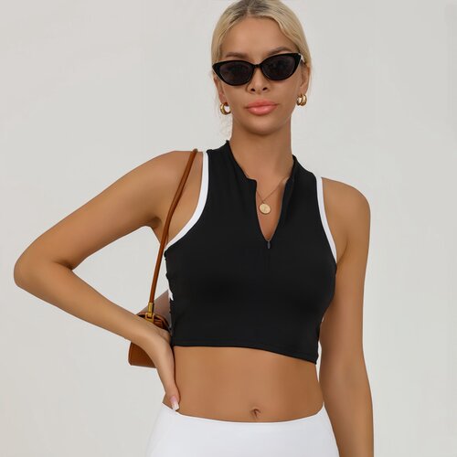 新款瑜伽背心女带拉链裹胸防震撞色工字健身美背短款上衣带胸垫弹