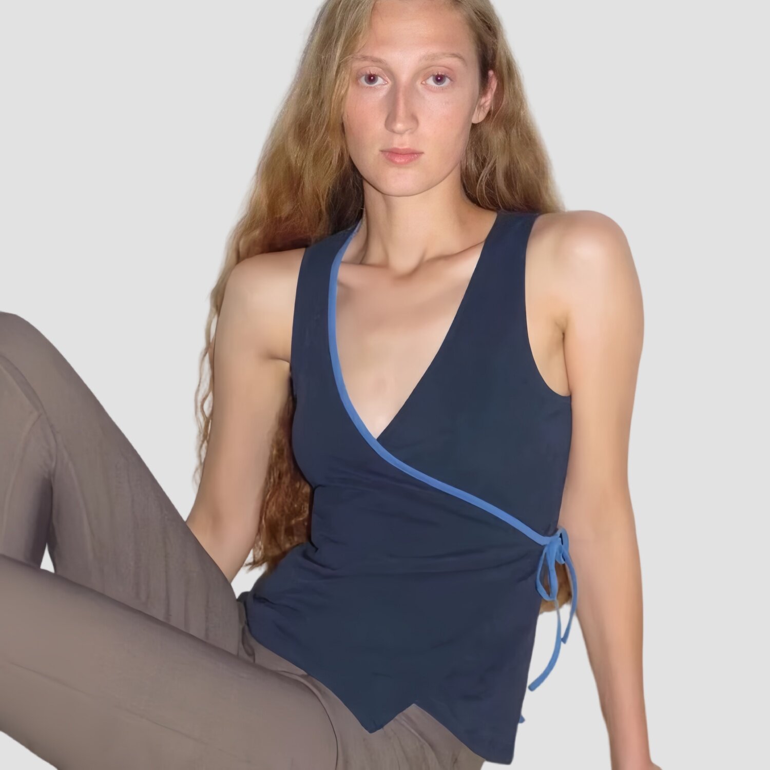 paloma西班牙蓝色拼接包裹系带V领上衣无袖女夏运动背心瑜伽健身