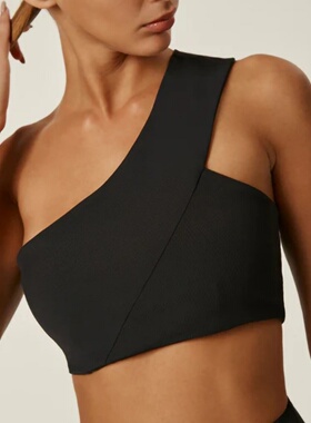 欧美斜肩露背裸感性感单肩运动文胸女带胸垫瑜伽服运动内衣bar弹