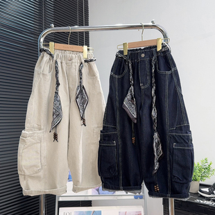 儿童工装 子男女童丝巾腰带老爹裤 牛仔裤 中大童宽松裤 秋季 品牌童装