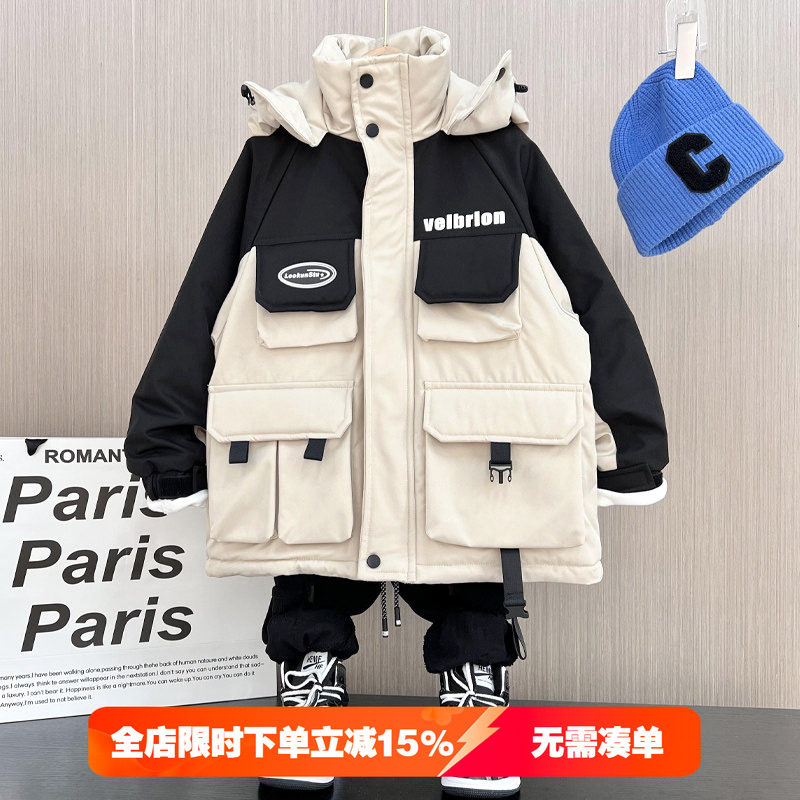 男童加厚工装外套2022冬款中大童拼接棉服韩版儿童夹棉冲锋衣夹克