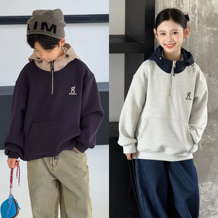 大E小e童装男女童加绒连帽卫衣冬季中大童加厚儿童半拉链帽衫1120