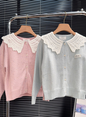 G+童装女童娃娃领花边针织开衫2025秋季新款儿童毛衣外套潮52802