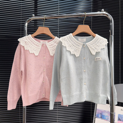 G+童装女童娃娃领花边针织开衫