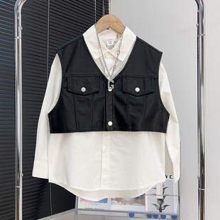 中大童皮衣马夹儿童衬衣套装 马甲两件套秋款 潮 男童衬衫 童乐鱼童装