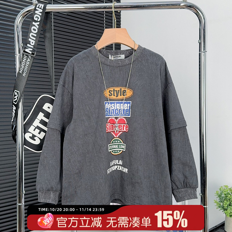 啦芙莱童装男童假两件长袖t恤