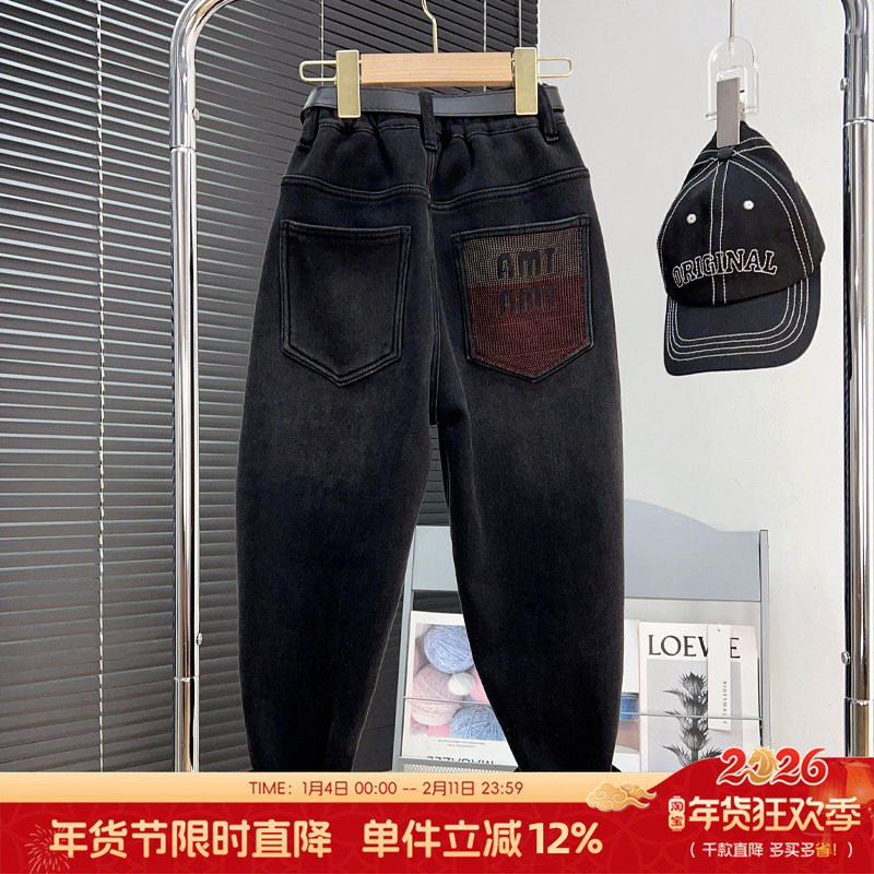 品牌童装男童黑色加绒裤子冬款中大童加厚弹力牛仔裤儿童保暖长裤