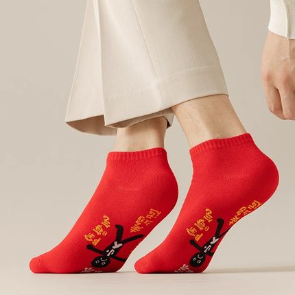 2024龙年本命年红色袜子女款男士短袜船袜小人图案情侣棉长中筒袜