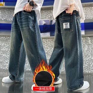 vibe新款 中大童春秋直筒宽松阔腿长裤 街头水洗做旧牛仔裤 男童美式