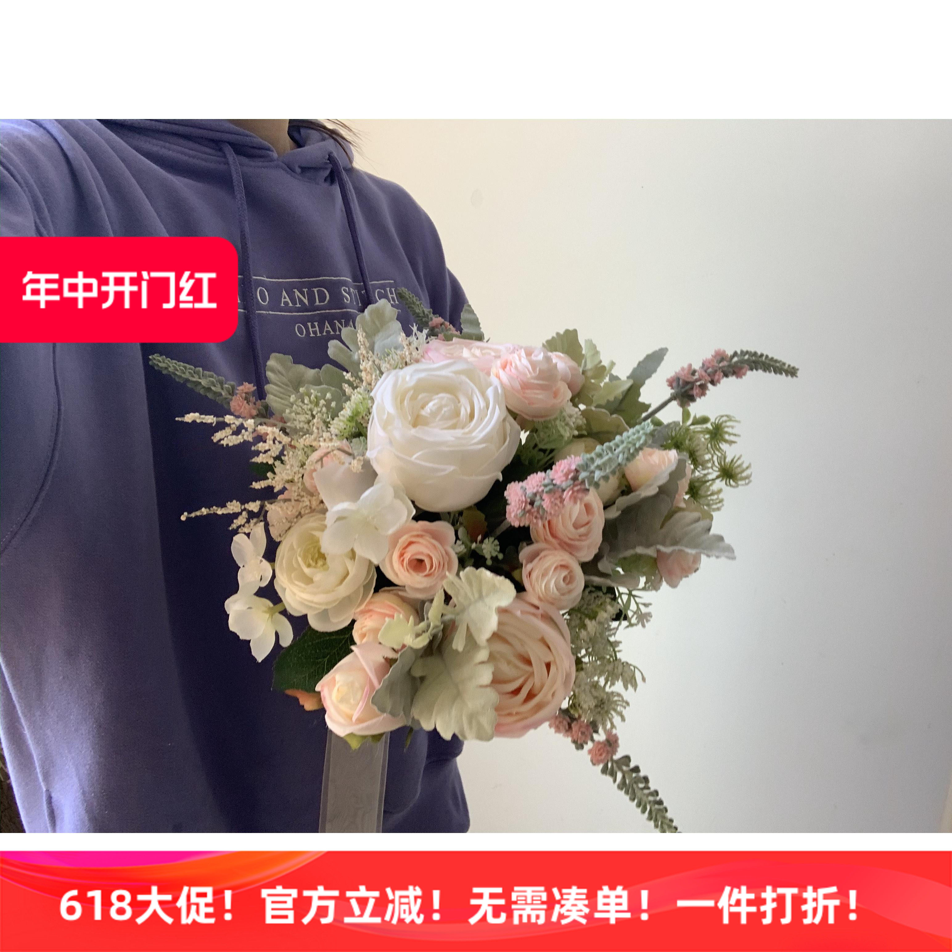 手捧花包邮新娘摄影唯美粉白色法式玫瑰逼真婚礼捧花装饰布置用花