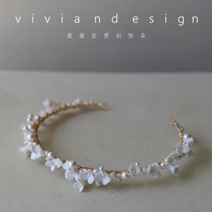 新款白色花朵唯美新娘头饰发箍韩式手工重工陶瓷小碎花皇冠发冠