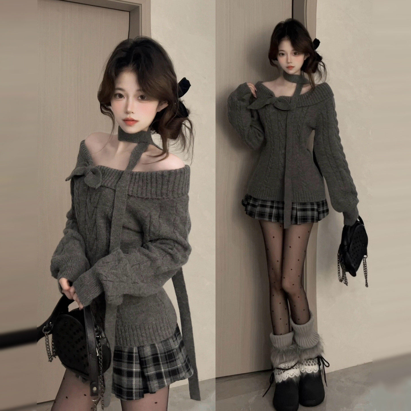 一字肩灰色毛衣针织连衣裙女秋冬2025新款韩系小个子穿搭一整套装