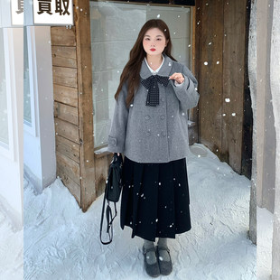 冬 入冬高级感撞色波点蝴蝶结短毛呢外套大衣2025新款 辣条大码 女装