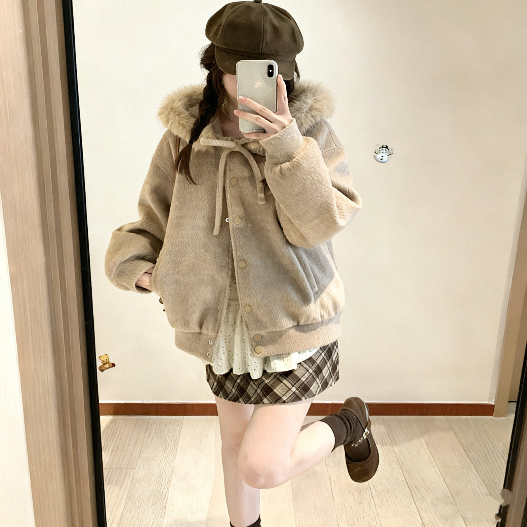 燕麦暖绒蝴蝶结绑带毛领连帽毛呢厚外套女冬季加厚高级感棉服冬装