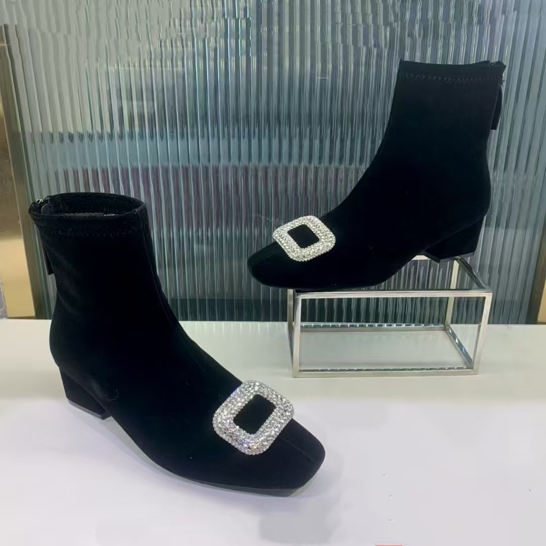 2025冬款 时尚瘦瘦靴羊反绒方头亮钻方扣保暖绒粗中跟弹力靴592-0,女鞋,弹力靴/袜靴,淘宝优惠券,粉丝福利购,淘宝优惠卷