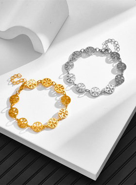 热款直销欧美时尚简约圆牌双T字母全抛光男女款潮流嘻哈镂空手链