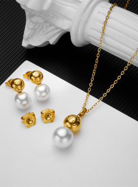 304不锈钢小熊耳钉10mm吊坠钢珠刻小熊白珠女式不锈钢项链