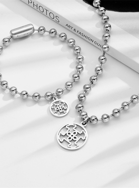 新款金色手链女不规则几何圆牌钛钢小金珠细款转运珠手链项链欧美