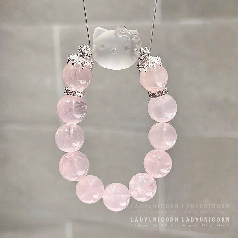 天然粉水晶手链女生可爱磨砂白水晶kitty凯蒂猫手串水晶串珠闺蜜