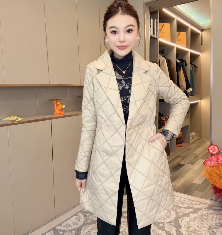 高级感西装领棉服女2024秋冬洋气设计感菱形格清薄保暖二棉外套潮