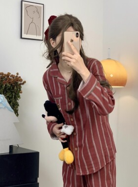 睡衣男女情侣家居服双层纱全棉两件套装圣诞款条纹复古绿色四季款