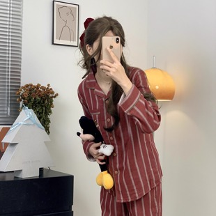 款 条纹复古绿色四季 圣诞款 睡衣男女情侣家居服双层纱全棉两件套装