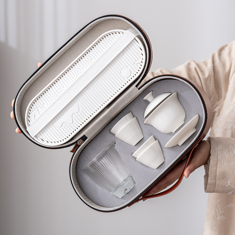 简约旅行茶具套装陶瓷盖碗茶杯便携式手提包商务礼品可定制LOGO