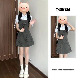 灰色波点吊带连衣裙小个子高级感背心裙夏季 学生miu系穿搭假两件