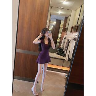 IN MIMIFACE 性感辣妹紫色u领短袖连衣裙夏女a字收腰气质短款裙子