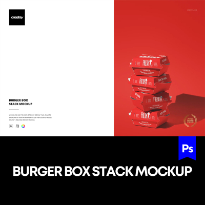 1款汉堡包装盒堆叠效果展示样机mockup智能贴图psd设计素材模版