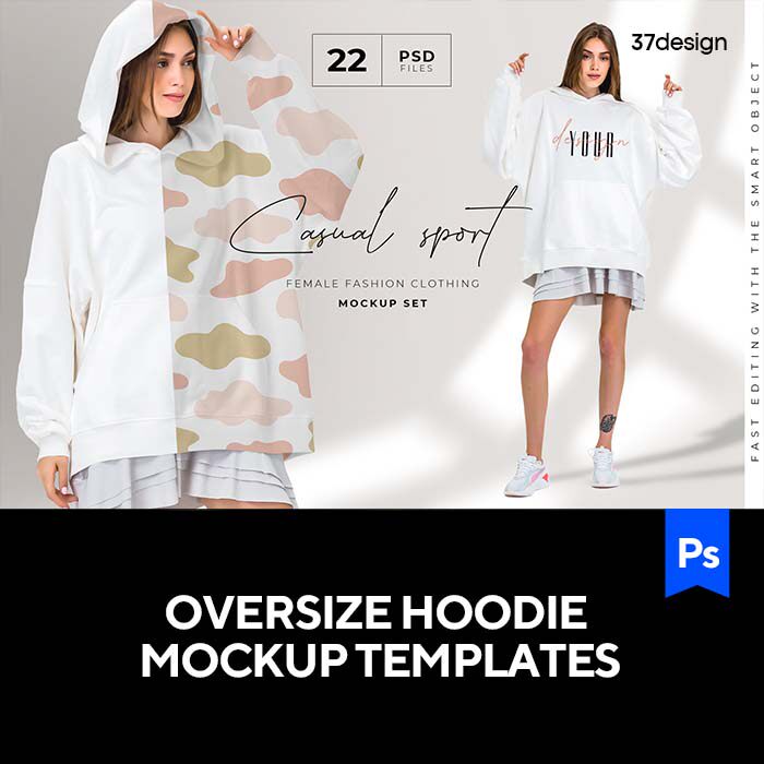 潮牌宽松oversize女装长袖连帽卫衣logo图案设计贴图ps样机素材