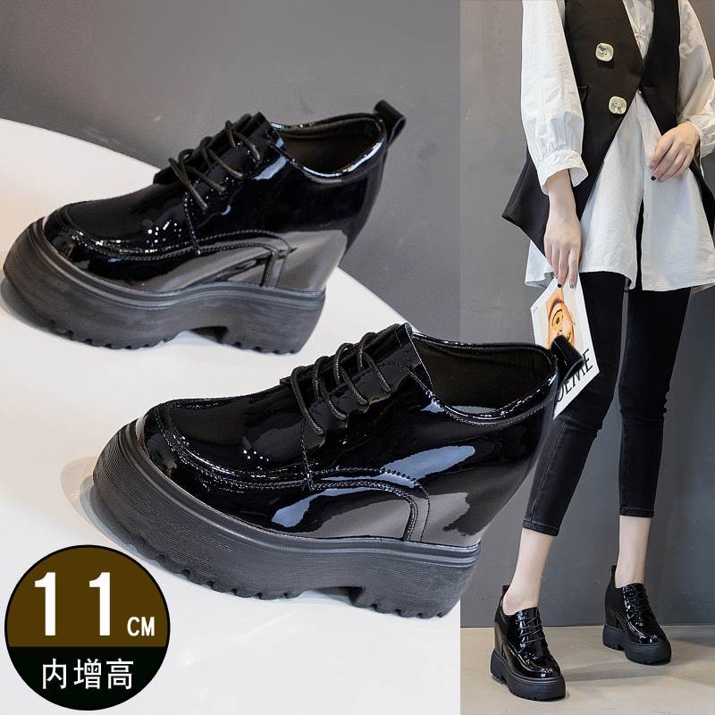 增高鞋11公分亮面小皮鞋坡跟小个子女士加绒高跟鞋黑色漆皮女鞋