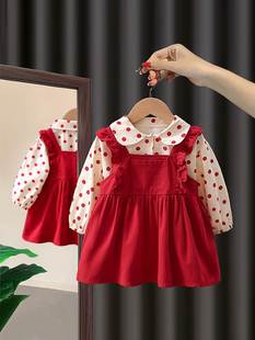 女宝宝裙套装春装洋气中小童红色拜年服一周岁衣服女童背带裙礼服