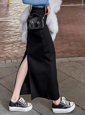 直筒半身裙黑色包臀裙春秋2024新款高腰后开叉一步裙显瘦半身长裙